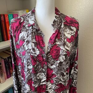 ROCK & REPUBLIC Magenta Dark Romantic Floral Printed High Low Top Size L New